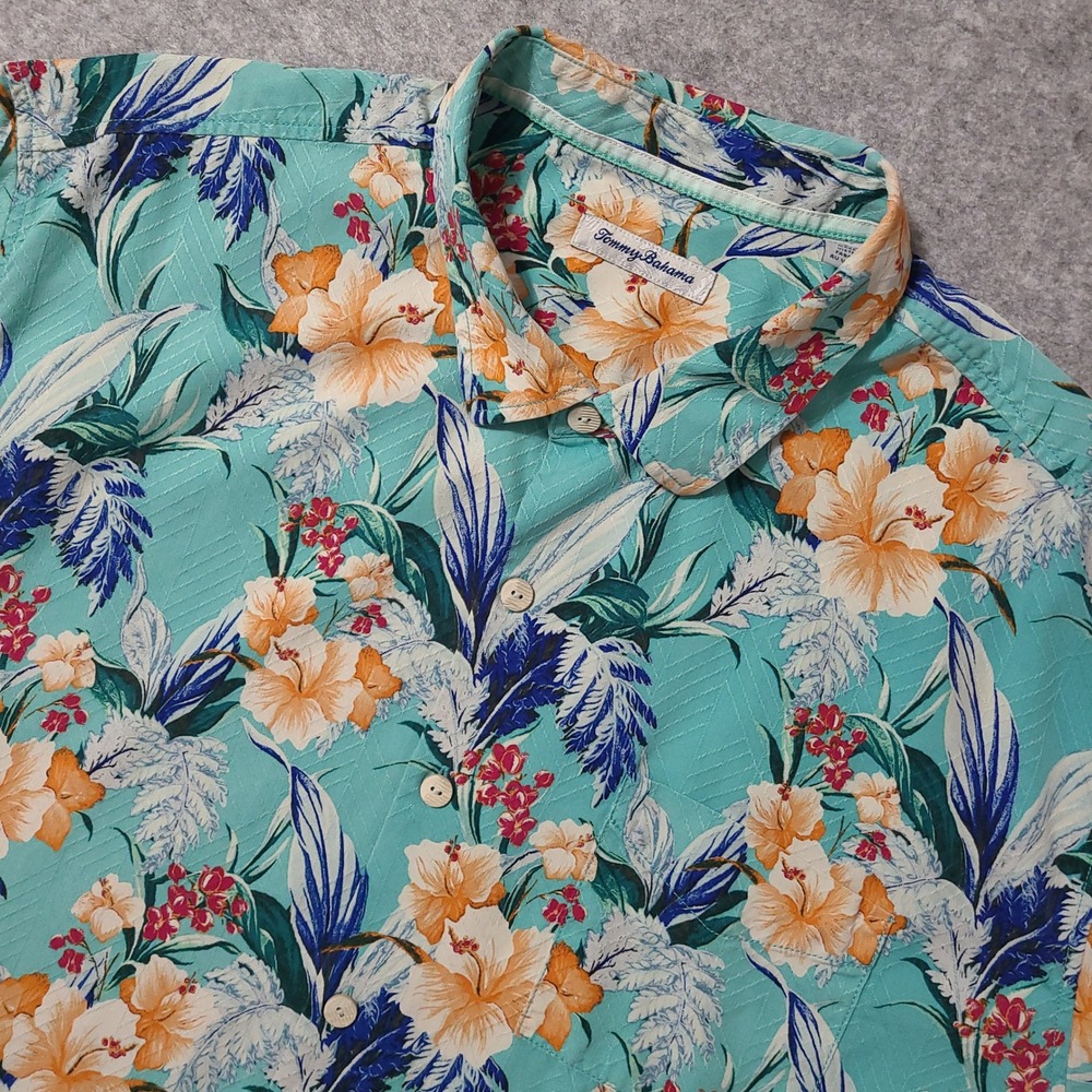 Tommy Bahama Button Down Shirt Mens 2XLB Teal Floral Silk Tropical Camp Pocket